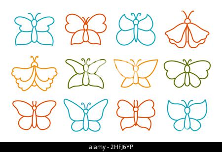Ensemble de symboles papillon.Élégante icône exotique papillons et papillons de nuit stencil dessin illustration enfant.Résumé insecte tropical stylisé, ailes de contour.Animaux sauvages enfants dessin à la main Doodle design vector Illustration de Vecteur