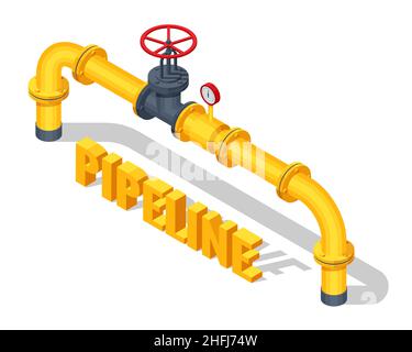 Vannes isométriques et tuyauterie, communications, vannes d'arrêt, appareils pour station de pompage de gaz. Ouverture ou fermeture de la vanne de canalisation. Industrie du gaz, gaz Illustration de Vecteur