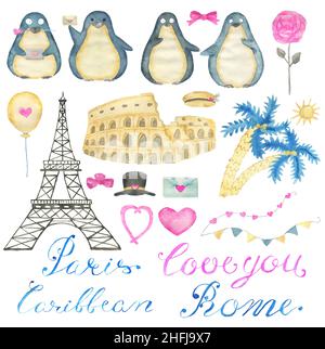 Ensemble design avec adorable oiseau de pingouin kawaii avec coeurs, tour Eiffel et symboles d'amour isolés sur blanc, carte de vœux concept pour la Saint-Valentin Banque D'Images
