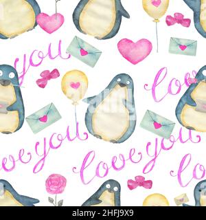 Ensemble de motifs avec adorable oiseau de pingouin kawaii avec coeurs et symboles d'amour isolés sur blanc, carte de vœux concept pour la Saint-Valentin Banque D'Images