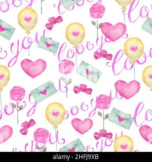 Ensemble de motifs avec symboles coeurs et amour isolés sur blanc, concept pour carte de vœux de Saint-Valentin Banque D'Images