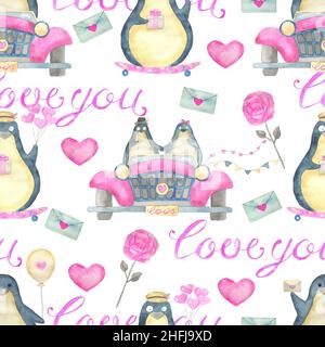 Motif sans couture avec adorable oiseau de pingouin kawaii avec coeurs et symboles d'amour isolés sur blanc, concept pour la carte de vœux de la Saint-Valentin Banque D'Images