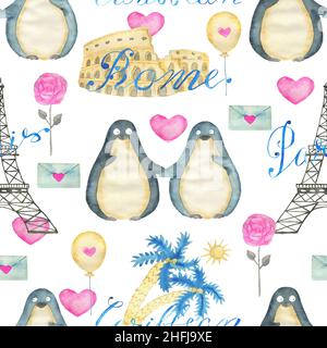 Motif sans couture avec adorable oiseau de pingouin kawaii avec coeurs et symboles d'amour isolés sur blanc, concept pour la carte de vœux de la Saint-Valentin Banque D'Images