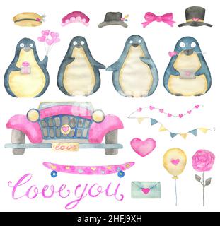 Ensemble design avec adorable oiseau de pingouin kawaii avec coeurs, voiture rétro, lettres et symboles d'amour isolés sur blanc, concept pour l'accueil de la Saint-Valentin c Banque D'Images