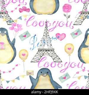 Ensemble de motifs avec adorable oiseau de pingouin kawaii avec coeurs et symboles d'amour isolés sur blanc, carte de vœux concept pour la Saint-Valentin Banque D'Images