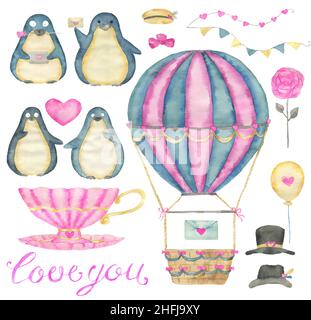 Ensemble design avec adorable oiseau de pingouin kawaii avec coeurs, ballon d'air, symboles vintage coupe et amour isolés sur blanc, concept pour la Saint-Valentin gre Banque D'Images