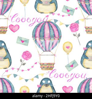 Ensemble de motifs avec adorable oiseau de pingouin kawaii avec coeurs et symboles d'amour isolés sur blanc, carte de vœux concept pour la Saint-Valentin Banque D'Images