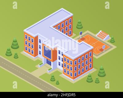 École isométrique ou bâtiment universitaire avec stade de basket-ball sur cour d'école, route, pelouse verte et arbres.Campus moderne éducatif pour étudiants, ville basse architecture poly 3D illustration vectorielle Illustration de Vecteur