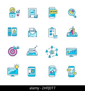 Icônes liées au marketing et à la gestion de contenu sur les médias sociaux SMM.Plans de contenu, analyse des données.Ensemble d'icônes de couleur de contour pixel Perfect et modifiables Illustration de Vecteur