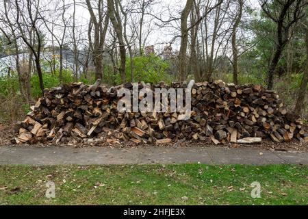 Cette pile de bois de chauffage soigneusement empilés le long du trottoir est prête pour l'hiver. Banque D'Images