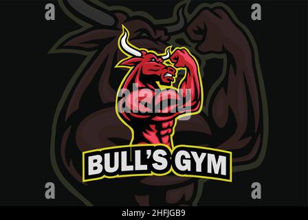 Bull Gym logo personnage Design bodybuilder pose musculaire corps Vector Sports Mascot Illustration de Vecteur
