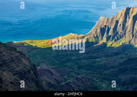 Vue sur la côte de Na Pali depuis le point de vue de Kalalau au parc national de Kokee sur l'île de Kauai, Hawaï Banque D'Images