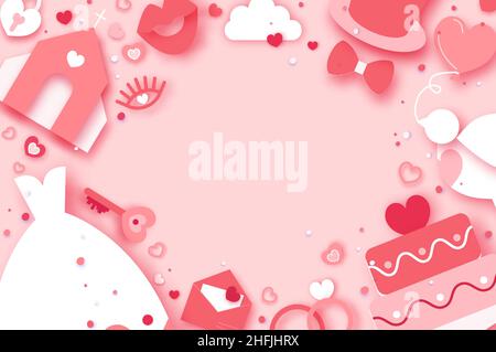 Jour de mariage. Calendrier du mariage. Église, je le fais, toast. Danse. Bonne Saint Valentin. Joyeuses fêtes et lune de miel en papier coupé. Cadre en forme de cœur pour Illustration de Vecteur