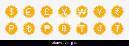 Pièces de monnaie vectorielles dorées avec différents symboles monétaires Illustration de Vecteur