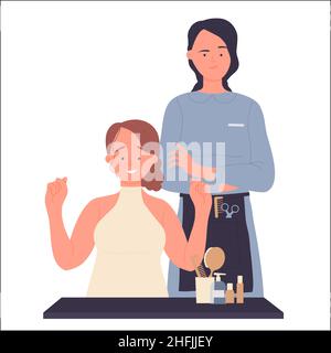 Un client heureux et un coiffeur fier.Style de mode et coupe de soins de cheveux salle de service illustration vectorielle plate Illustration de Vecteur
