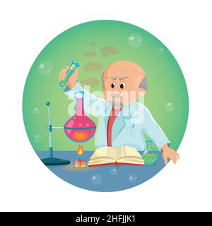 Les vieux hommes font des expériences de chimie.Tenir le flacon et le tube à essai dans les mains.Un vieux scientifique conduit des expériences. Illustration de Vecteur