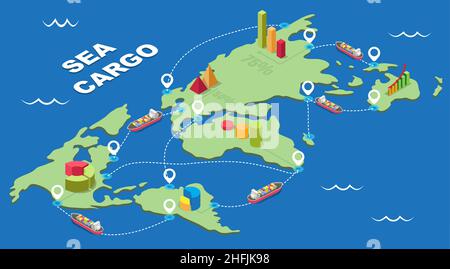 Infographie isométrique à vecteur de fret maritime.Réseau mondial de logistique maritime.Expédition de fret maritime.Industrie maritime. Illustration de Vecteur