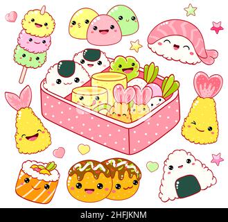 Ensemble de jolis sushis et des petits pains emblématiques dans le style kawaii avec visage souriant et joues roses.Plats de cuisine traditionnelle japonaise.Temaki, boîte à bento, mochi, te Illustration de Vecteur