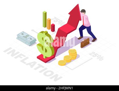 Homme d'affaires essayant de garder le graphique de flèche de dollar de la chute, vecteur plat illustration isométrique.Inflation économique. Illustration de Vecteur