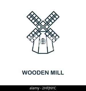 Icône du moulin en bois.Elément de ligne de la collection agricole.Linear Wooden Mill Icon signe pour la conception de Web, infographiques et plus. Illustration de Vecteur