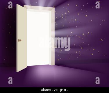Bateau mystique de la porte ouverte dans l'univers, lumière mystique abstraite, étoiles galaxies.Imagination insparation, espace extérieur ouvrant une porte à l'inconnu Illustration de Vecteur