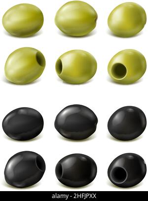 3d ensemble d'icônes vectorielles réalistes.Olives vertes et noires.Isolé sur fond blanc. Illustration de Vecteur
