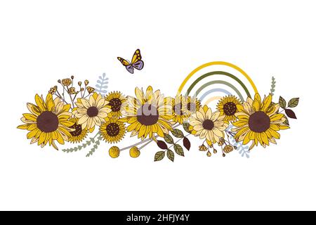 Illustration vectorielle de la bordure de tournesol dessinée à la main. Illustration de Vecteur