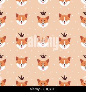 Motif sans couture Corgi.Cute et heureux visages gallois de corgi avec des couronnes et un fond de pois.Personnages de chien drôles.Illustration vectorielle élégante. Illustration de Vecteur