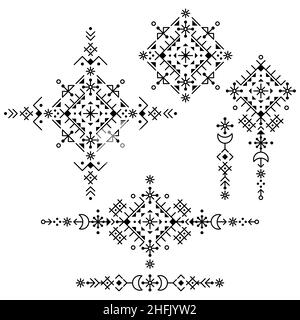 Ensemble géométrique de motifs vectoriels d'art tribal, collection de motifs décoratifs minimaux en noir et blanc inspirée de l'art de la rune nordique Illustration de Vecteur