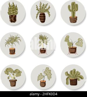 Autocollants isolés sur fond blanc.Un ensemble de plantes d'intérieur: cactus, monstera, dracaena et d'autres.Plusieurs pots de plantes.Vecteur de style plat. Illustration de Vecteur