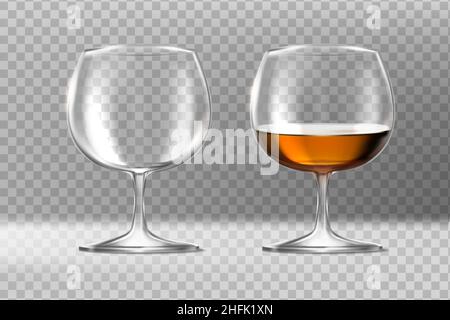 3d icône de vecteur réaliste.Ensemble de deux glasses au cognac.Vide et plein.Isolé sur fond transparent. Illustration de Vecteur