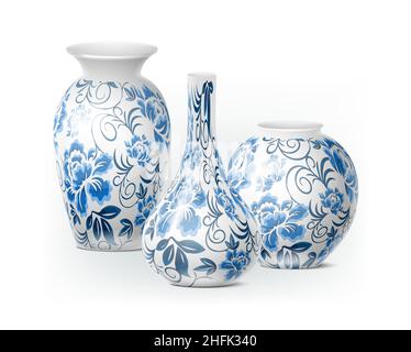 jeu d'icônes réaliste.Isolé.Vases chinois blancs à porsélain. Illustration de Vecteur