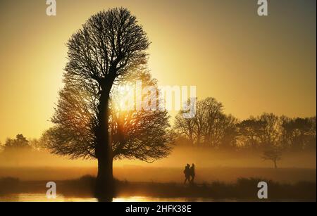 Les premiers visiteurs se prominent devant un plan d'eau tandis que le soleil se lève sur Bushy Park, Londres.Date de la photo: Lundi 17 janvier 2022. Banque D'Images