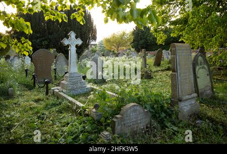 Pierres tombales dans le cimetière de l'église Saint-Jean-Baptiste, photographiées pendant le confinement de Covid-19.La collection de lockdown pour la culture des cultures a été créée en avril et en mai 2020, en réponse à la pandémie de Covid-19.Pendant sept jours, le public a été invité à soumettre des photographies qui, selon lui, représentaient le mieux leur expérience de confinement en Angleterre, et à partir de ces soumissions, une centaine représentant toutes les différentes régions géographiques ont été choisies pour être archivées dans le quartier historique de l'Angleterre.À côté de ces images, dix artistes ont été commandés pour produire leurs propres images sur le cours de cinq da Banque D'Images