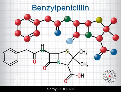 Molécule de Benzylpenicillin (pénicilline G).Il est bêta-lactame antibiotique.Formule chimique structurelle et modèle moléculaire.Feuille de papier dans une cage Illustration de Vecteur