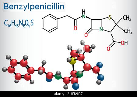 Molécule de Benzylpenicillin (pénicilline G).Il est bêta-lactame antibiotique.Formule chimique structurelle et modèle moléculaire Illustration de Vecteur