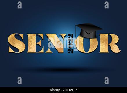 Senior 2022 Félicitations diplômé - Typographie.Autocollant doré et arrière-plan bleu foncé isolé.Idéal pour les tee-shirts, les lycéens ou les diplômés d'université. Illustration de Vecteur