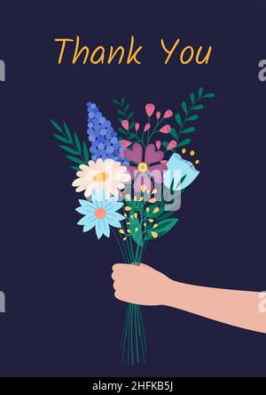 Carte de remerciement.Bouquet de fleurs à la main.Illustration vectorielle plate.Carte de remerciement avec bouquet de fleurs. Illustration de Vecteur