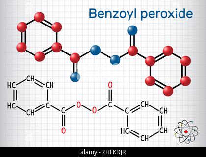 Molécule de peroxyde de benzoyle (BPO).Formule chimique structurelle et modèle moléculaire.Feuille de papier dans une cage.Illustration vectorielle Illustration de Vecteur