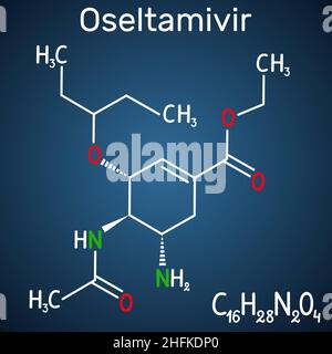 Molécule antivirale d'oseltamivir.Formule chimique structurelle sur fond bleu foncé.Illustration vectorielle Illustration de Vecteur