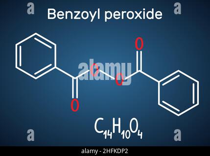 Molécule de peroxyde de benzoyle (BPO).Formule chimique structurale et modèle moléculaire sur fond bleu foncé.Illustration vectorielle Illustration de Vecteur