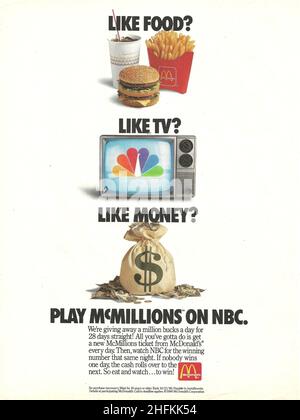La publicité sur papier d'époque de McDonald's, frites, joue à McMillions sur NBC Banque D'Images
