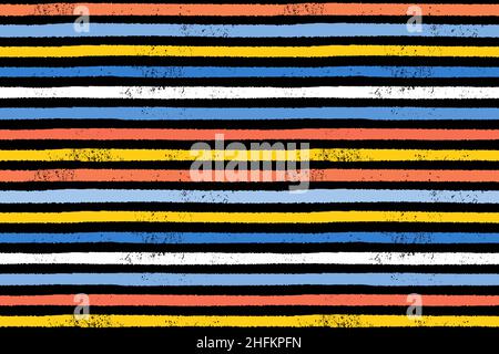 Texture vectorielle des rayures peintes sans couture.Magnifique imprimé à lignes horizontales colorées.Bandes jaunes, rouges et bleues peintes en noir. Illustration de Vecteur