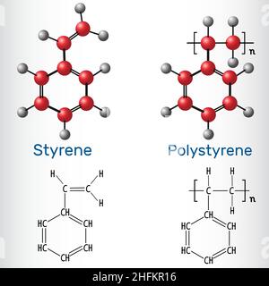 Molécule de polymère de styrène et de polystyrène (PS) - formule et modèle chimiques structuraux.Illustration vectorielle Illustration de Vecteur