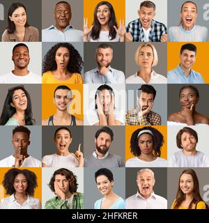 Collection de portraits humains avec des hommes et des femmes de divers âges et de diverses races sur des arrière-plans de studio colorés Banque D'Images