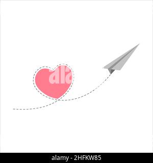 Un avion volant dans le ciel blanc laissant derrière un sentier de fumée en forme d'amour Illustration de Vecteur