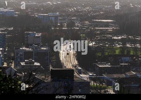 Vue aérienne du A397 à Cosham, Portsmouth, Hampshire, Royaume-Uni. Banque D'Images