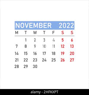 Icône du calendrier de novembre 2022.Novembre 2022.Planeur pour novembre.Planification du temps Illustration de Vecteur