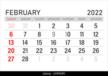 Février 2022.Icône de février 2022.Planificateur de calendrier professionnel.Illustration du vecteur de calendrier Illustration de Vecteur