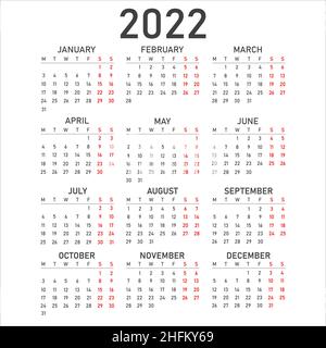 Calendrier pour 2022 isolé sur fond blanc.Du lundi au dimanche.Modèle d'entreprise.Illustration vectorielle. Illustration de Vecteur